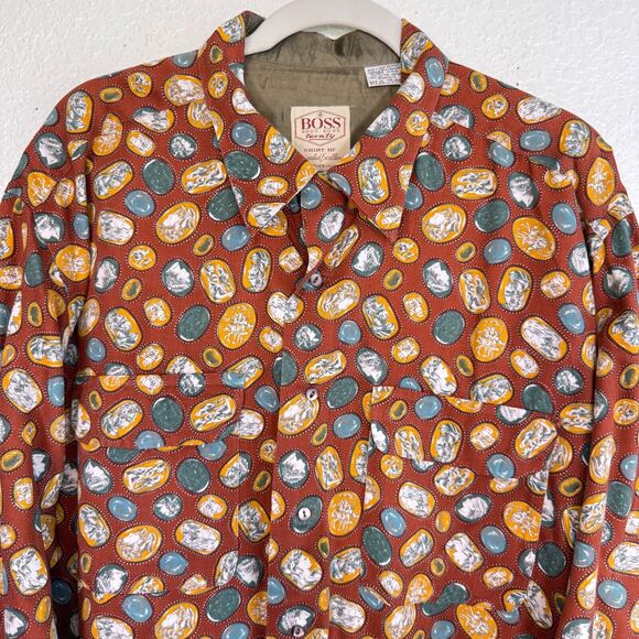 Hugo Boss Other - Vintage Hugo Boss Shirt Mens 17.5 Button Up Roman Art Print Camp 70s 80s Retro